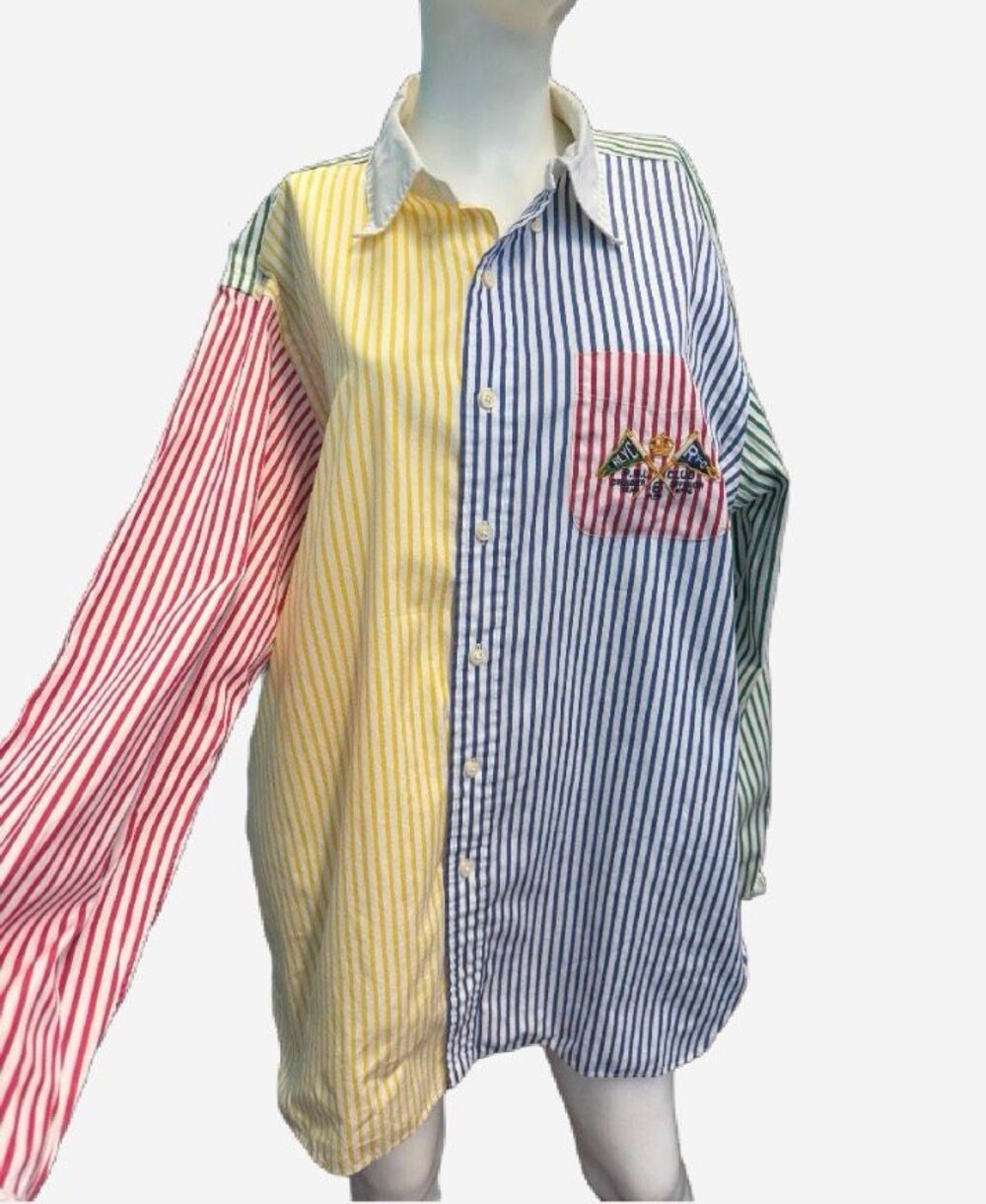 Ralph Lauren Yacht Club Embroidered Striped Panel Shirt Men’s Size XL Button Dow